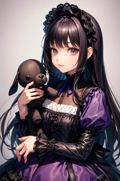  girl ，dark purple mushroom cut， holding a stuffed animal，Gothic Lolita clothes ， high definition ， anatomically accurate 