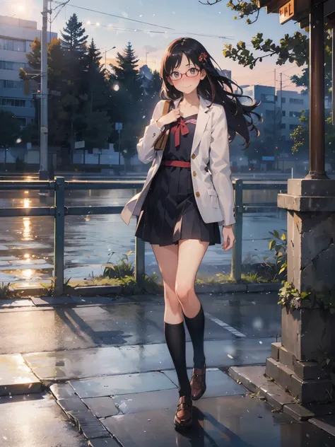 Anime - Illustration of a woman in high school clothes, winter outfit:1.5, anime character, official character art, neat and serious, full body, female anime girl, Posing:1.5, dark long hair, parted bangs, glasses, (Tanned:1.0), Looking at camera, (Embarra...