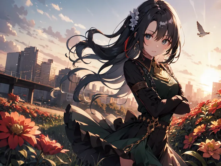 Solo, Girl, (Human ears, Short stature, Flat chest), (Ring earrings), (Black hair, Long hair, Vertical curls in front of bangs, Braided hair in half-up style), (Floral hair ornament, Hair tied back with a large red ribbon), (Sitting flat, Arms crossed), (H...