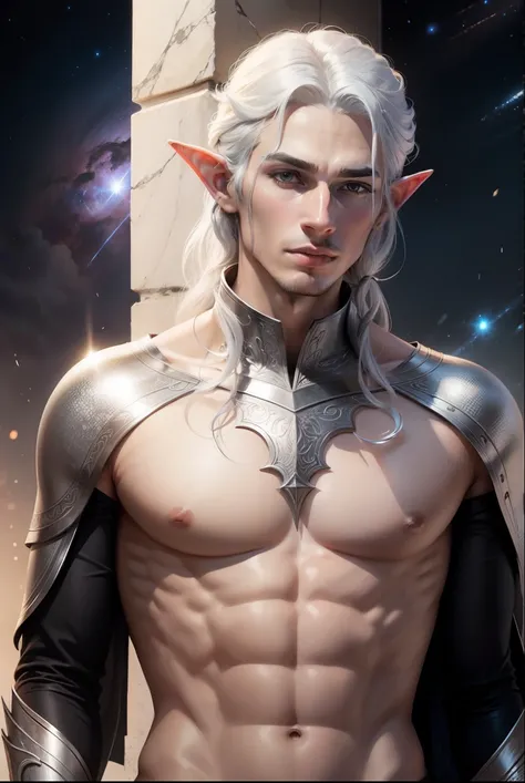 An elven man with silver hair and skin like the galaxy