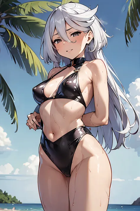 NSFW,masterpiece, top quality, high definition , very detailed ,miorine rembran、 long hair on background、 gray eyes、Grey Hair、 、bangs、 hair between eyes、Floating Hair, swimsuit,beach, palm trees, body is wet,Being hugged by a man