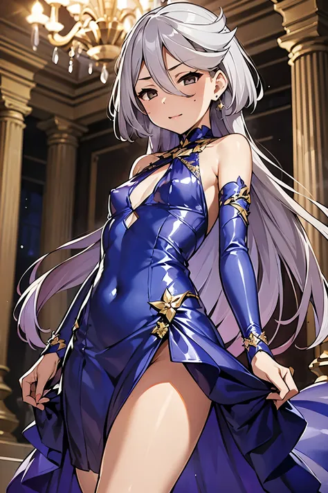 NSFW,masterpiece, top quality, high definition , very detailed ,miorine rembran、 long hair on background、 gray eyes、Grey Hair、 、bangs、 hair between eyes、Floating Hair,(fine blue dress:1.3), party venue , chandeliers ,Body touch