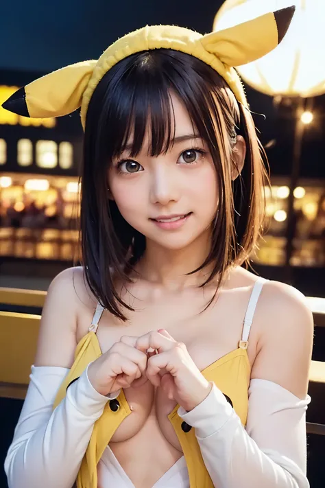 (( software ))、s, A girl is cosplaying、 Pikachu, (Moe Sleeve, Yellow Pikachu Suit、Front zipper fully open、())、Floating Hair、((masterpiece:1.25,  Photorealistic:1.37))、8K highest image quality、(( Cute face down to the smallest detail ))、Bright and perfect e...