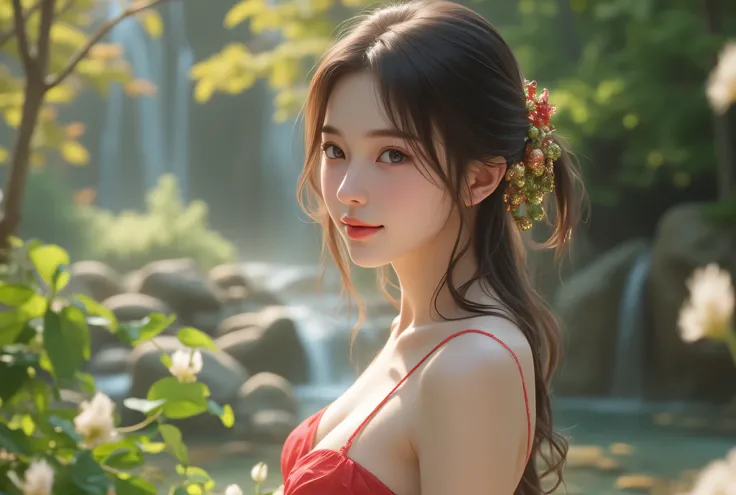 A secret open-air bath in the middle of nature. 32k, Ultra high resolution, ultra high quality. A breathtakingly beautiful 19-year-old Japanese woman with delicate, refined features and a radiant, youthful charm, her ethereal beauty. Her silky, dark hair c...