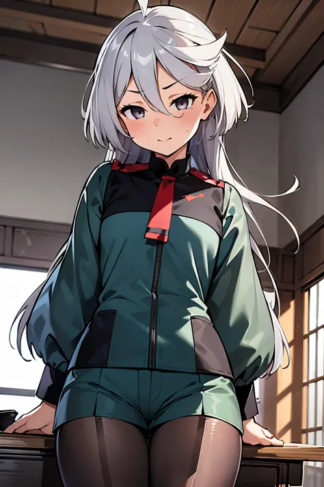 NSFW,masterpiece, top quality, high definition , very detailed ,miorine rembran、Asticasia uniform、solo、 long hair on background、 gray eyes、Grey Hair、 、Seamed legwear、 green shorts、 ties、bangs、 hair between eyes、 black pantyhose、 Long Sleeve 、 green jacket、...