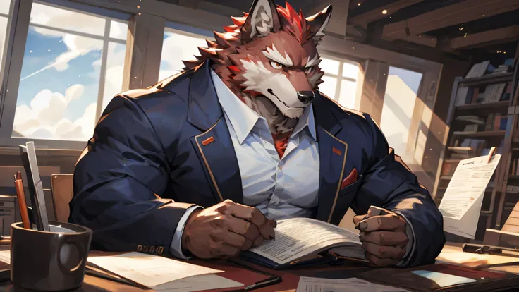((half body shot)),dynamic angle,depth of field, motion blur, absurdres, (best quality), (masterpiece), (ultra detailed),(detailed eyes),(serious eyes),(office suit),niji,anthro male,manly,(red wolf),(muscular),(wolf tail),Work in the room,(Space View),((s...