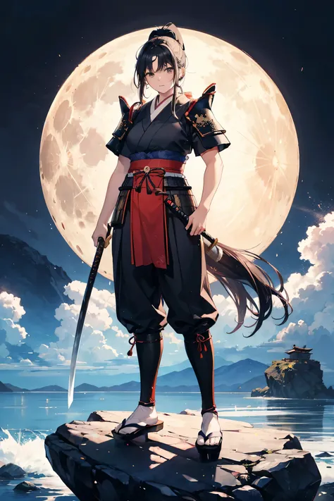  adult woman, 30-year-old woman, Old-fashioned samurai , Samurai clothing, Short sleeve, team leader, Japanese armor in the old days,  sword, The motifs are black and full moon,  Warring States period, Ponytail,Black Hair,  standing, Muscular, full body,  ...