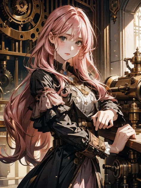 a young and small girl with long pink hair., intricate steampunk machinery, hydraulic cylinders, complex gears, clockwork mechanisms, copper and brass accents, muted color palette, warm tones, highly detailed