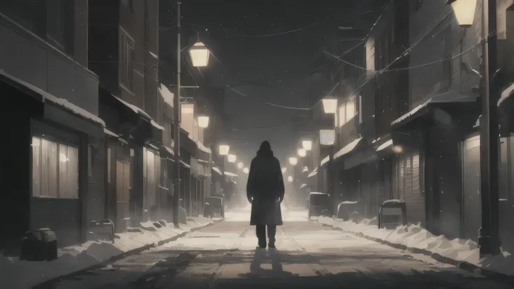 A cold, dimly lit city street at night. Snow falls gently under the glow of streetlights. A solitary man in his early thirties walks away, wearing a lab coat and looking downcast. His breath is visible in the cold air, and his figure appears small against ...