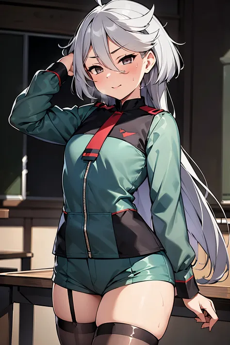 NSFW,masterpiece, top quality, high definition , very detailed ,miorine rembran、Asticasia uniform、solo、 long hair on background、 gray eyes、Grey Hair、 、Seamed legwear、 green shorts、 ties、bangs、 hair between eyes、 black pantyhose、 Long Sleeve 、 green jacket、...