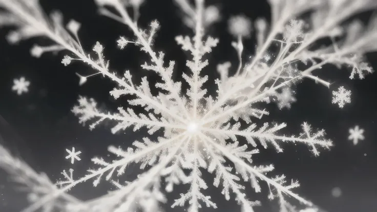 A close-up of delicate snowflakes falling against a dark sky. The snowflakes are illuminated by a faint, otherworldly glow. The background is blurred and shadowy, creating a sense of quiet and anticipation. Each flake appears detailed and unique, hinting a...