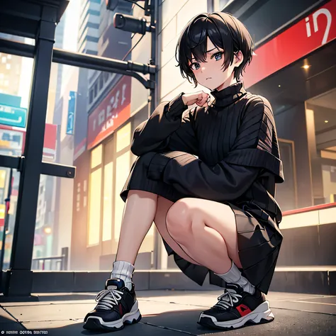 Inside the street,one 1 boy,fem boy,((crossdresser)),black short hair,slender body,((full body)),displeased,sulky,((flat chest)),((ribbed sweater)),((layered skirt)),((maxi length checkered skirt)),((socks)),((sneaker)),4K, 8k, High resolution, masterpiece...