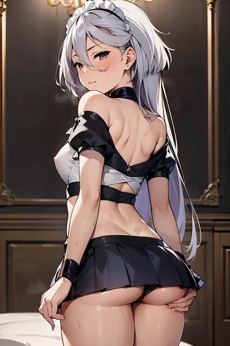 NSFW,masterpiece, top quality, high definition , very detailed ,miorine rembran、 long hair on background、 gray eyes、Grey Hair、 、bangs、 hair between eyes、Floating Hair, maid outfit , Off Shoulder , crop top, miniskirt,Luxurious mansion,Office, sexy pose ,Se...