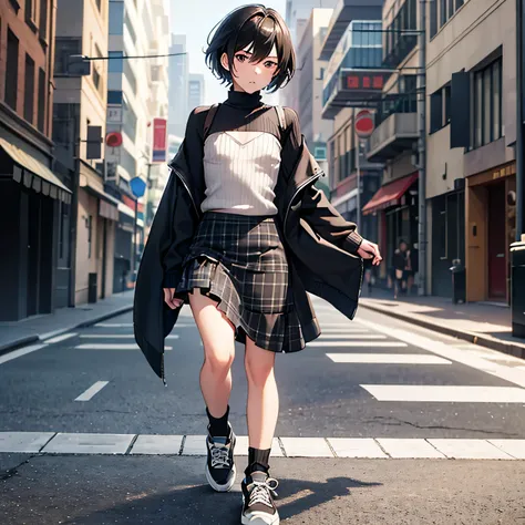 Inside the street,one 1 boy,fem boy,((crossdresser)),black short hair,slender body,((full body)),displeased,sulky,((flat chest)),((ribbed sweater)),((layered skirt)),((maxi length checkered skirt)),((socks)),((sneaker)),4K, 8k, High resolution, masterpiece...