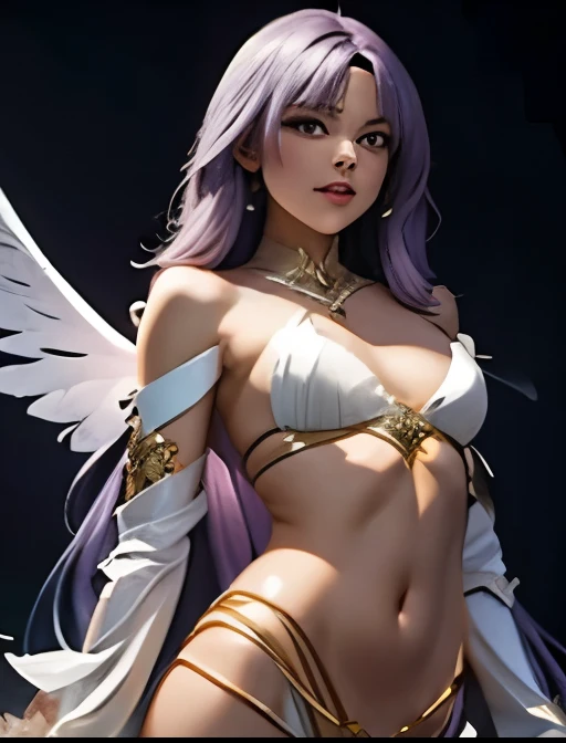   top quality、 realistic 、 Woman with long hair、 light purple hair  、 slender figure、 small breasts、  White Off Shoulder Armor 、belly button、  Beautifully Exposed Thighs  、 Soft Wings 、Another World、Dark fantasy