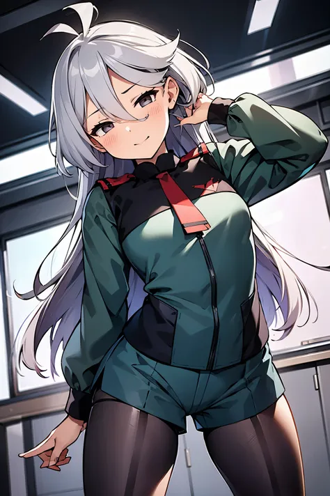 NSFW,masterpiece, top quality, high definition , very detailed ,miorine rembran、Asticasia uniform、solo、 long hair on background、 gray eyes、Grey Hair、 、Seamed legwear、 green shorts、 ties、bangs、 hair between eyes、 black pantyhose、 Long Sleeve 、 green jacket、...