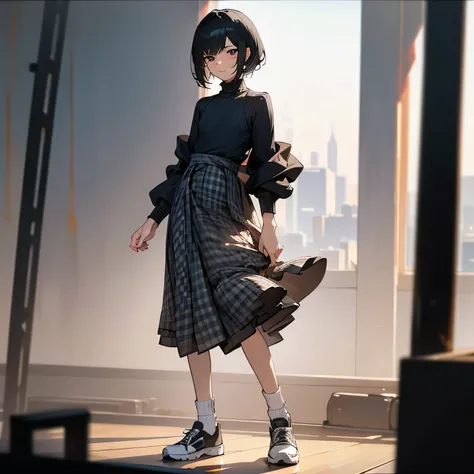 Inside the street,one 1 boy,fem boy,((crossdresser)),black short hair,slender body,((full body)),displeased,sulky,((flat chest)),((ribbed sweater)),((layered skirt)),((maxi length checkered skirt)),((socks)),((sneaker)),4K, 8k, High resolution, masterpiece...