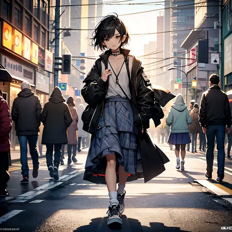 Inside the street,one 1 boy,fem boy,((crossdresser)),black short hair,slender body,((full body)),displeased,sulky,((flat chest)),((ribbed sweater)),((layered skirt)),((maxi length checkered skirt)),((socks)),((sneaker)),4K, 8k, High resolution, masterpiece...