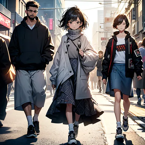 Inside the street,one 1 boy,fem boy,((crossdresser)),black short hair,slender body,((full body)),displeased,sulky,((flat chest)),((ribbed sweater)),((layered skirt)),((maxi length checkered skirt)),((socks)),((sneaker)),4K, 8k, High resolution, masterpiece...