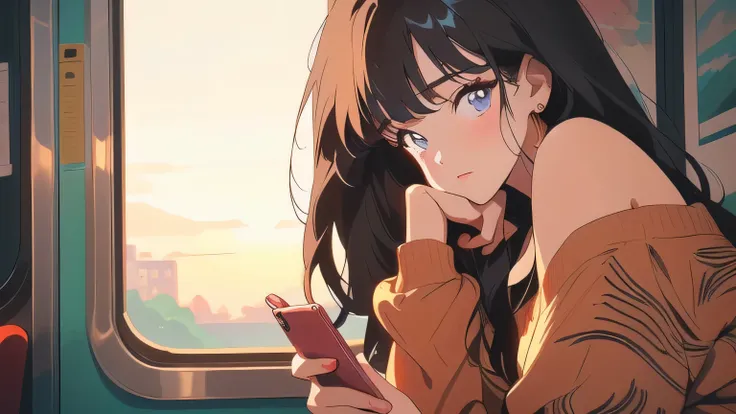 anime girl on a train looking at her cell phone, lofi girl, artwork in the style of guweiz, lofi girl aesthetic, lofi art, digital art ilya kuvshinov, lo-fi art, lofi artstyle, lo-fi illustration style, lofi aesthetic, lofi portrait, anime aesthetic, lofi,...