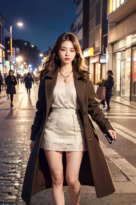 ((Realistic, 8k, Top Quality, Masterpiece: 2.0, Best Quality, Illustration, Ultra-detailed, finely detail, high resolution, 8K Wallpaper, Perfect dynamic composition, Beautiful detailed face)),(wearing winter long coat, wearing skirt, with one handbag:1.6)...