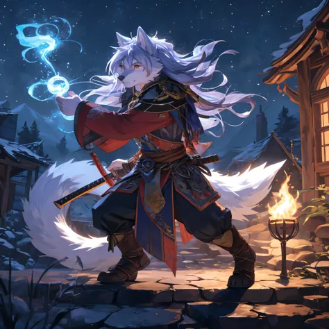 woman, hairy woman, wolf woman, full body portrait, full fur, magic fur, full tail, big tail, magic tail, magic hair, long hair, bushy hair, almond eyes, worried face, warrior outfit, large katana, exterior decor, fight scene,