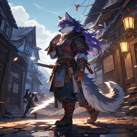 woman, hairy woman, wolf woman, full body portrait, full fur, magic fur, full tail, big tail, magic tail, magic hair, long hair, bushy hair, almond eyes, worried face, warrior outfit, large katana, exterior decor, fight scene,