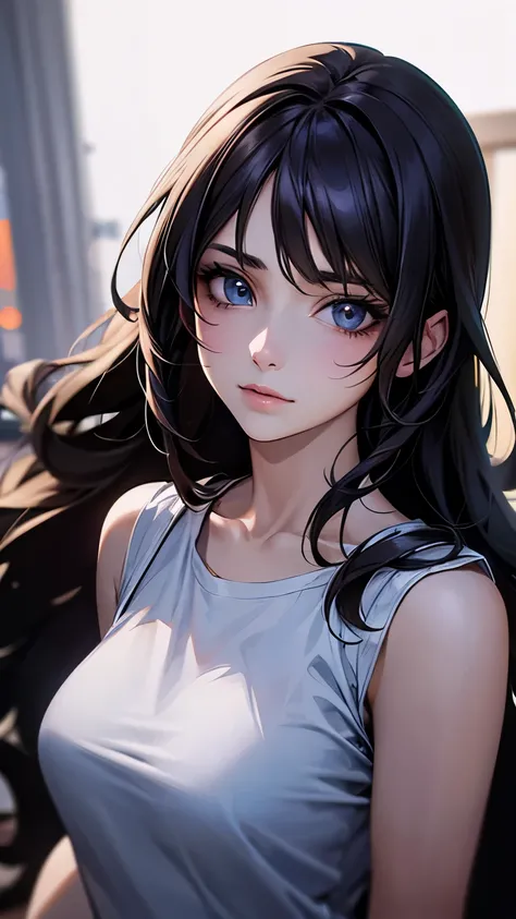 a cool anime 18 years old girl in casual outfit, cute, long wavy hair, beautiful detailed face, adorable girl, 3:4 body looks, perfect body ratio, front view, look at the camera, perfect background, (best quality,4k,8k,highres,masterpiece:1.2),ultra-detail...