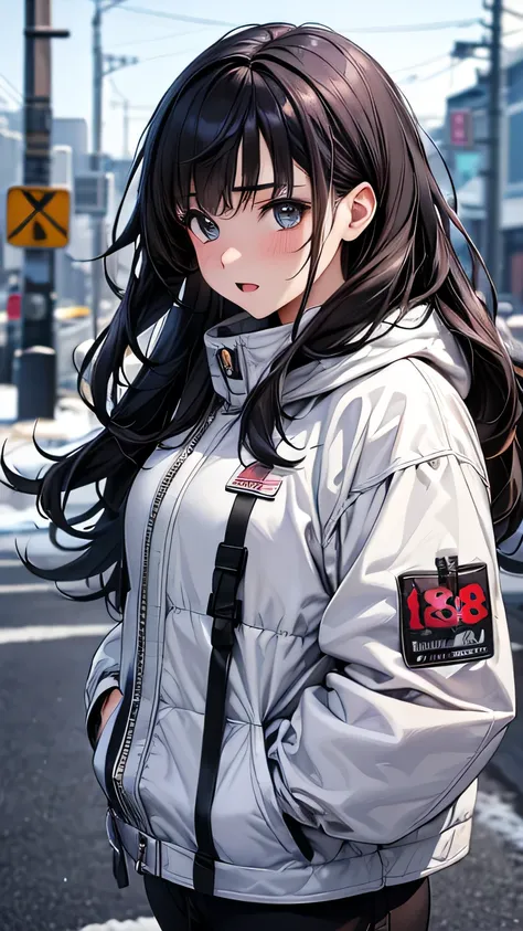 a cool anime 18 years old girl in thick jacket, snowing, snowy road background, cute, beautiful detailed face, long wavy hair, perfect body ratio, adorable girl, 3:4 body looks, front view, look at the camera, perfect background, (best quality,4k,8k,highre...