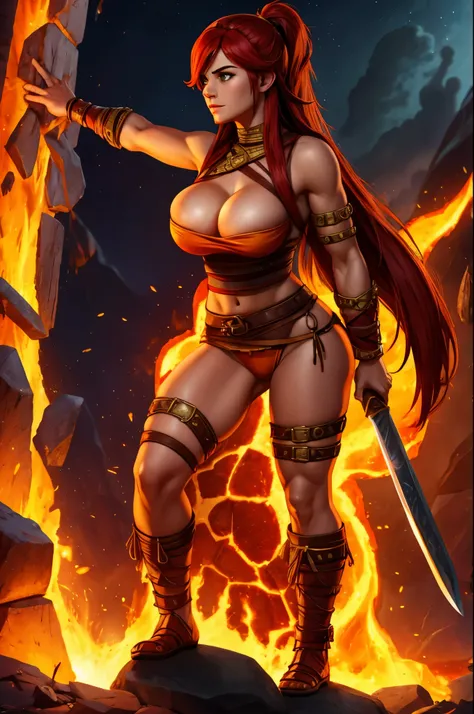 a female barbarian warrior wielding the element of Lava, full body shot