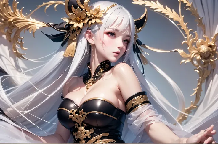 super high quality, masterpiece, Perfect illustration, Very detailed:1.6,　white barance, 1girl, 23 years old, cute girl, white hair, sharp and big beautiful eyes, medium breasts, bright skin. fantasy royalty, onmyoji, majesty, asian dress. black and gold c...