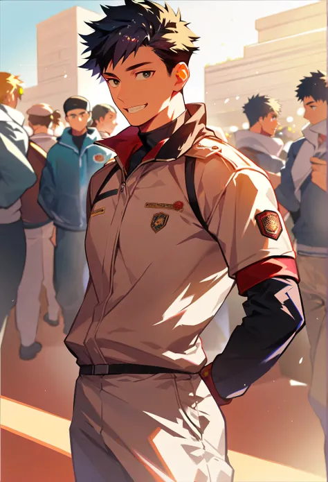 Single,  unique ,  A male,  black hair,  black eyes, teenager, thin, Small amount of muscle , Combat uniform, Standing,  hand behind back , Smile,  looking at the audience 