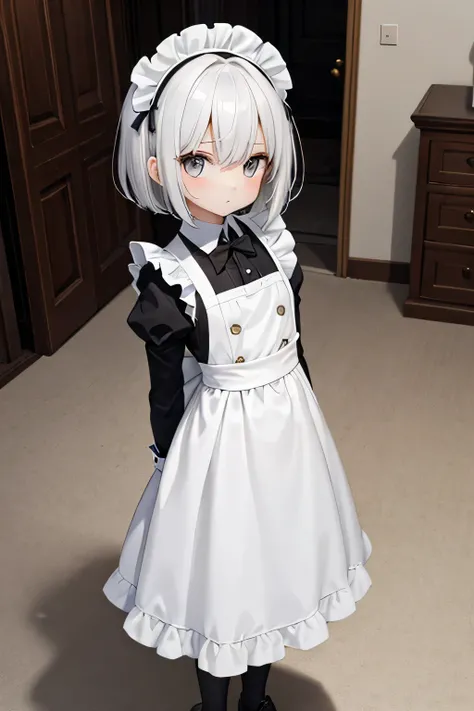  little, not tall , skinny little breasted girl with short white hair, with gray eyes in a black and white suit, the maid is standing in the room, looking puzzled at the viewer  