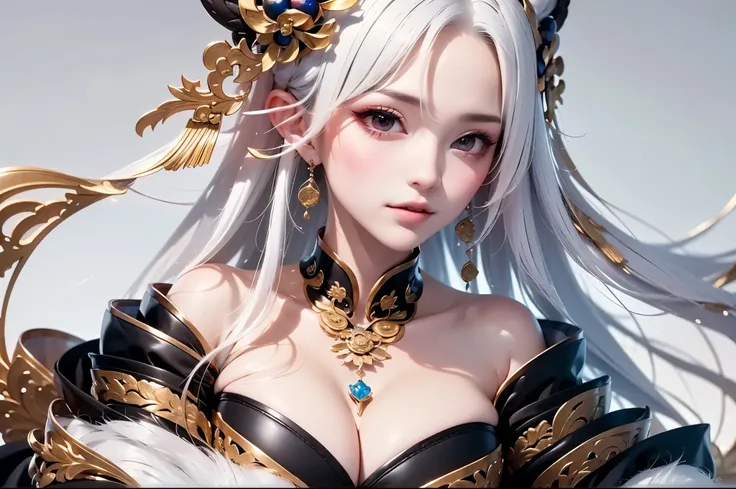 super high quality, masterpiece, Perfect illustration, Very detailed:1.6,　white barance, 1girl, 23 years old, cute girl, white hair, sharp and big beautiful eyes, medium breasts, bright skin. fantasy royalty, onmyoji, majesty, asian dress. black and gold c...