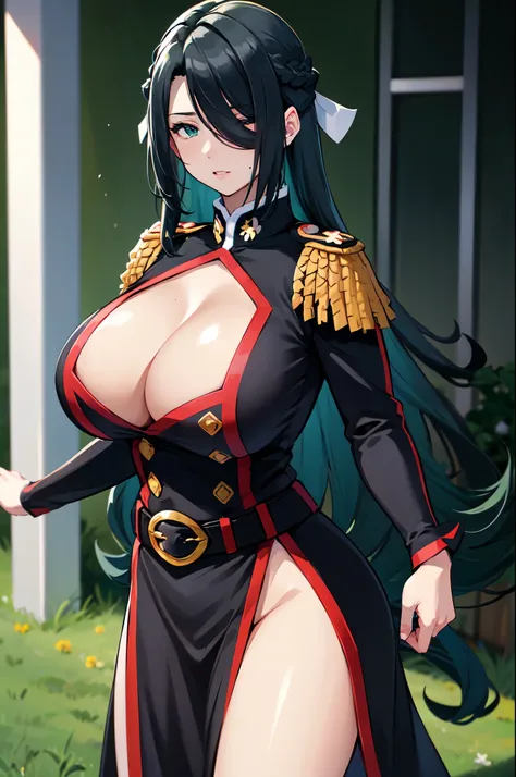  (((huge  tits )))   ((black millitary uniform)), ((emotionless)),  thick, ((busty)), green eyes, cleavage, (( upperbody)), serious face,  flower garden, long hair, hair ribbon, bangs cover eyes