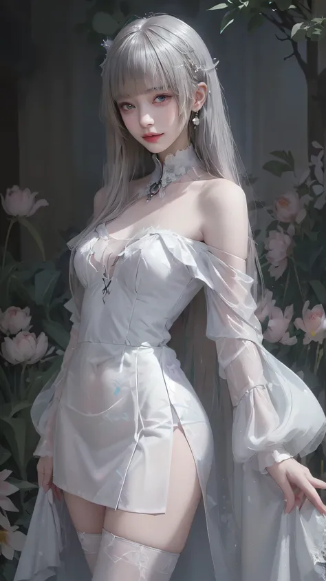 Fluorescent Color、 1 girl、Look to the side、 beautiful face、( beautiful eyes)、((Dark blue eyes)),( translucent off-the-shoulder white dress 、 miniskirt:1.2)、( black lace stockings)、 long legs 、 high heels、 shiny white hair 、Pubic Skin 、Reduced glare emissio...