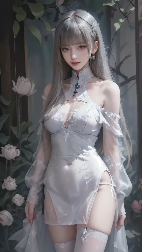 Fluorescent Color、 1 girl、Look to the side、 beautiful face、( beautiful eyes)、((Dark blue eyes)),( translucent off-the-shoulder white dress 、 miniskirt:1.2)、( black lace stockings)、 long legs 、 high heels、 shiny white hair 、Pubic Skin 、Reduced glare emissio...