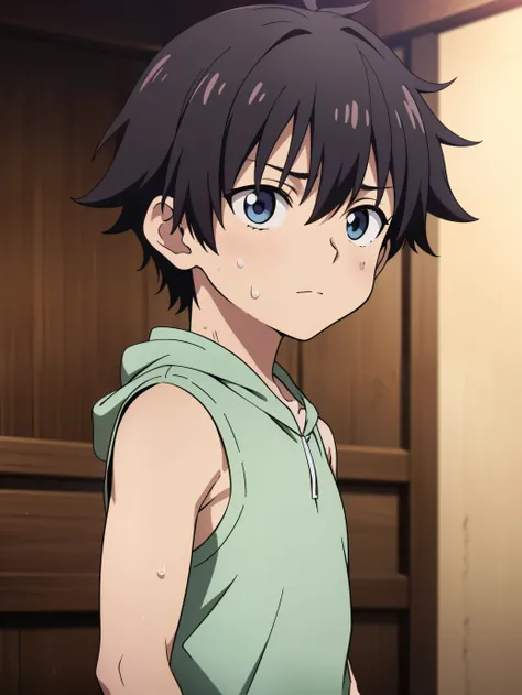 Highres, Masterpiece, Best quality at best,Best Quality,hight quality, hight detailed, 1boy, Shota, messy hair, sweat, upper body, Depth of field, Anime Screencap Style, Sleeveless hodie, Looks like an innocent boy, Seen from front, look good boy, Cute boy...