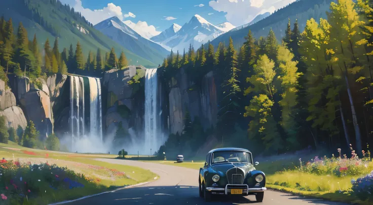  middle-aged man drives a vintage car in a beautiful landscape, Mountains, waterfalls, the forest, flowers, at different times of the day and year , illustration, impressionism,  oil painting , Masterpieces of art,  excellent detail 