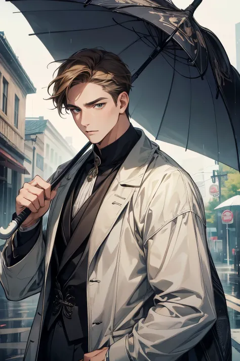 (( Top quality )), ((masterpiece)), (Sophistication), ((modern attire)), 1 man,  light brown hair ,  mint eyes , Rainy day,  white shirt, A beautiful and masculine man, A delicate and neutral man, Male portrait, Contemporary genre portrait , The upper body...