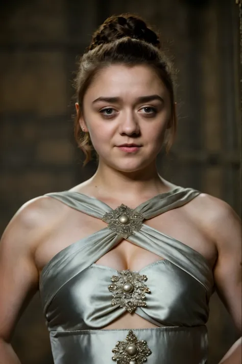 Foto RAW, Arya Stark, Stunning Beauty, Ravishing, Enchantress, Extremely gorgeous lady, Arya Stark PLAYED BY MAISIE WILLIAMS, Queen Arya Stark, she  a mature woman now, milf, sexy mediaeval battle dress, gladiator woman, body, 40 years old Woman, Roman sla...