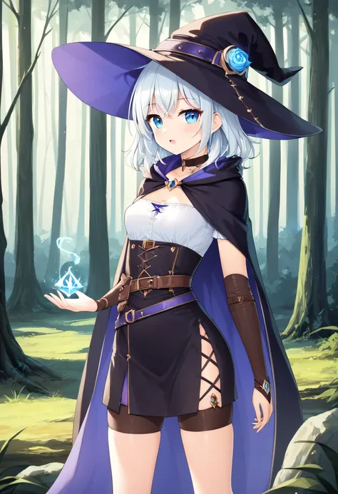 8k、 high image quality、 petite girl with medium hair、witch、witchのローブ、Cape、BACKGROUND IN THE FOREST 、witchの服