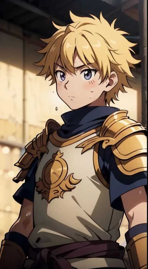 Highres, Masterpiece, Best quality at best,Best Quality,hight quality, hight detailed, 1boy, Shota, messy hair, sweat, upper body, Depth of field, Anime Screencap Style, eaba, bare shoulder, armor, Sleeveless armor, Looks like an innocent boy, Seen from fr...