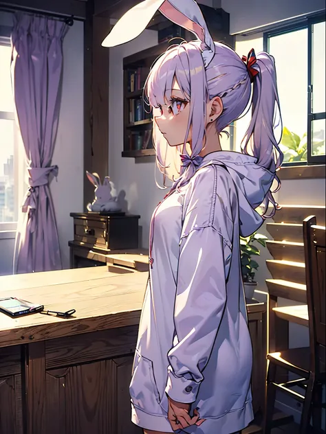  realistic, top quality,  ultra detail,  LONG PONYTAILS ,  THE MOST DELICATE AND BEAUTIFUL , Floating softly,  high definition , ( 1 girl ), ( Max Image,4K,8k,masterpiece:1.2), ( light purple hair:1.5),(Rabbit ears:1.5),(pretty long pigtails:1.5),( red eye...