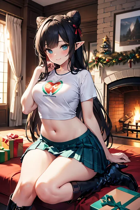 Detailed image, realistic image, 1 elf, with very long hair, black hair, combed in a heart-shaped bun, turquoise eyes, has a curvy body, medium breasts, is smiling, blushing. She is wearing a Christmas T-shirt, showing her belly button, Christmas plaid ple...