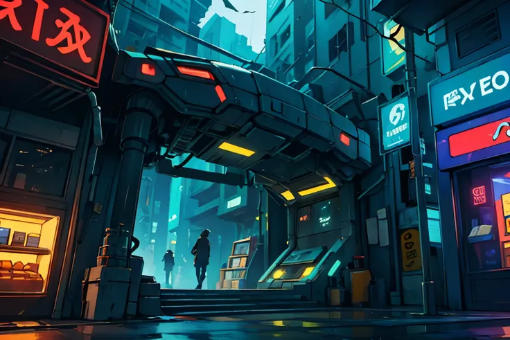 Store in a futuristic city within a poor and phoor neighborhood, with a science fiction style