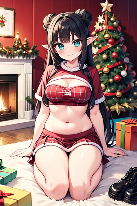 Detailed image, realistic image, 1 elf, with very long hair, black hair, combed in a heart-shaped bun, turquoise eyes, has a curvy body, medium breasts, is smiling, blushing. She is wearing a Christmas T-shirt, showing her belly button, Christmas plaid ple...
