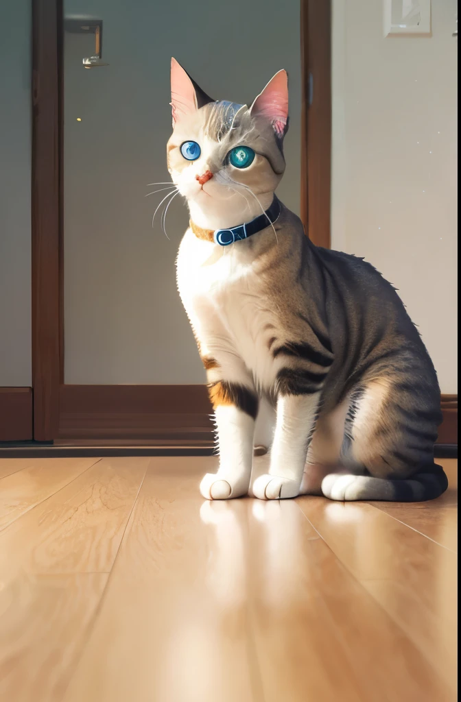 araffe cat sitting on the floor looking up at the camera, a pastel by Emma Andijewska, reddit, mingei, aesthetic siamese cat, small blue eyes, pale blue eyes!, has two adorable blue eyes, blue-eyed, a cute cat, curious eyes, blue eyes!, pale blue eyes, cut...