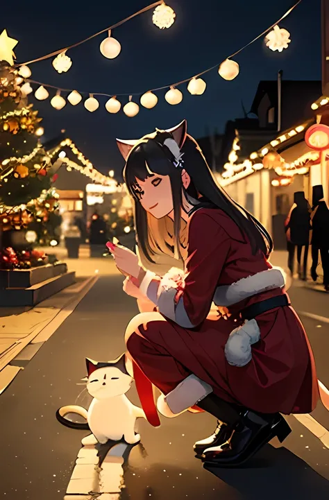 ((Petting a cat))、  Japanese、woman、18 years old、  very slender 、 ( Christmas costume)、(( christmas lights))、 smile、 Thin legs、Streetscape