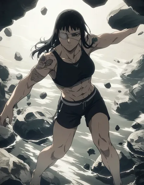 score_9, score_8_up, score_7_up,score_6_up,high resolution,source_anime,s0fiavalm3t,1girl,eyepatch,black hair,long hair,,water,rocks,volumetric lighting,rim lighting,dof,dramatic shadow,full body,dynamic pose,looking at viewer,pov,suspended in air, tattoos...